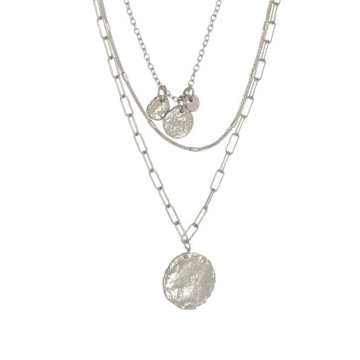 SILVER 3 ROW MULTI CHAIN W/ PENDANTS NECKLACE